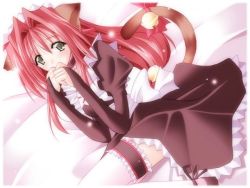 Rule 34 | 1girl, animal ears, bell, blush, cat ears, cat tail, dress, dutch angle, game cg, jingle bell, jpeg artifacts, maid, red hair, sitting, solo, tail, thighhighs, white thighhighs, zettai ryouiki
