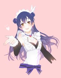 Rule 34 | 1girl, blue hair, blush, breasts, cleavage, commentary request, detached sleeves, double bun, earrings, hair between eyes, hair bun, heart, highres, jewelry, long hair, looking at viewer, love live!, love live! school idol project, maid, maid headdress, mogyutto &quot;love&quot; de sekkin chuu!, ribbon, simple background, small breasts, smile, solo, sonoda umi, upper body