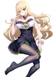 Rule 34 | 1girl, bare shoulders, black pantyhose, black skirt, blonde hair, blush, breasts, cleavage, collarbone, commentary request, feet, feet out of frame, fine fabric emphasis, foot out of frame, hair between eyes, high-waist skirt, highres, large breasts, legs, long hair, looking at viewer, mythra (xenoblade), no shoes, pantyhose, parted lips, ririko (zhuoyandesailaer), shirt, simple background, skirt, solo, swept bangs, thighs, toes, v-shaped eyebrows, white background, white shirt, xenoblade chronicles (series), xenoblade chronicles 2, yellow eyes