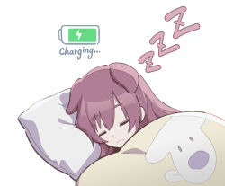 Rule 34 | 1girl, :3, animal ears, battery indicator, bed sheet, brown hair, commentary request, dog ears, closed eyes, highres, hololive, inugami korone, long hair, pillow, simple background, sleeping, solo, tugo, virtual youtuber, white background, zzz