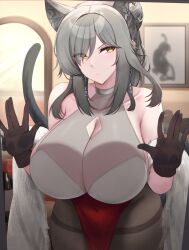 Rule 34 | 1girl, absurdres, animal ears, arknights, bad anatomy, bare shoulders, black gloves, black pantyhose, breasts, cat ears, cat tail, cleavage, cleavage cutout, clothing cutout, commentary request, covered navel, cowboy shot, feather boa, gloves, grey hair, highres, kanta (kanta 077), large breasts, long hair, looking at viewer, pantyhose, schwarz (arknights), solo, standing, tail, thighband pantyhose, v-shaped eyebrows, yellow eyes