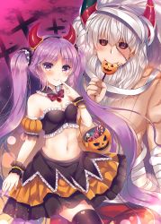 Rule 34 | 1boy, 1girl, asterios (fate), bandages, bare shoulders, bat (animal), black sclera, black thighhighs, blush, bow, bowtie, bracelet, breasts, closed mouth, cloud, colored sclera, commentary request, cross, detached collar, eating, euryale (fate), euryale (phantom night) (fate), fake horns, fate/grand order, fate (series), finger to mouth, gem, hair between eyes, halloween, halloween costume, horn ornament, horns, jewelry, long hair, looking at viewer, muscular, navel, pleated skirt, pumpkin, purple background, purple eyes, purple hair, purple sky, red eyes, scar, skirt, sky, small breasts, smile, suzunone rena, thighhighs, twintails, white hair, wristband