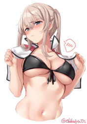 Rule 34 | 1girl, bikini, black bikini, blonde hair, blue eyes, blush, breasts, capelet, cleavage, closed mouth, collarbone, cropped torso, ebifurya, front-tie bikini top, front-tie top, graf zeppelin (kancolle), groin, hair between eyes, highres, kantai collection, large breasts, long hair, navel, no headwear, no headwear, sidelocks, simple background, solo, spoken blush, swimsuit, twintails, twitter username, white background