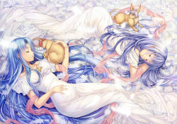 Rule 34 | 2girls, adol christin, ancient ys vanished, blue hair, collarbone, dress, falcom, feena (ys), jewelry, long hair, looking back, lying, multiple girls, necklace, on side, paint musume, reah (ys), roo (ys), sleeping, toal fact, very long hair, white dress, ys