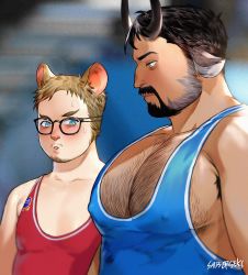 Rule 34 | 2boys, animal ears, armpit hair, bara, beard, black-framed eyewear, black hair, blue eyes, blush, breast envy, bursting pectorals, chest hair, covered erect nipples, cow boy, cow ears, cow horns, dark-skinned male, dark skin, facial hair, from side, girl staring at guy&#039;s chest (meme), glasses, goatee, hairy, highres, horns, judo-kun (saiberseks), large pectorals, looking at another, looking down, male focus, mature male, meme, mouse boy, mouse ears, multiple boys, muscle envy, muscular, muscular male, mustache, original, pectoral cleavage, pectoral focus, pectorals, short hair, sideburns, sidepec, singlet, skin tight, upper body, wrestling outfit, yaoi