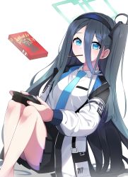Rule 34 | 1girl, absurdly long hair, absurdres, aris (blue archive), black hair, black hairband, black skirt, blue archive, blue eyes, blue necktie, breasts, collared shirt, commentary request, controller, feet out of frame, food, food in mouth, game controller, gradient hair, hair between eyes, hairband, halo, highres, holding, holding controller, holding game controller, jacket, knees up, light blush, long hair, long sleeves, looking at viewer, multicolored hair, necktie, one side up, pocky, pocky in mouth, seyeomkr, shirt, simple background, sitting, skirt, small breasts, solo, very long hair, white background, white shirt
