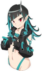 Rule 34 | 1girl, nanashi inc., akitetsu, belt, belt bra, black gloves, black hair, black jacket, blue belt, blue hair, blue panties, blush, chest belt, closed mouth, clothing cutout, cropped jacket, cropped torso, cross-laced clothes, cross-laced sleeves, demon girl, demon horns, fang, fang out, flat chest, gloves, highleg, highleg panties, horns, jacket, long hair, long sleeves, looking at viewer, midriff, multicolored hair, navel, open clothes, open jacket, panties, partially fingerless gloves, pointy ears, red eyes, shishio chris, shoulder cutout, simple background, smile, solo, sugar lyric, transparent background, two-tone hair, underwear, upper body, virtual youtuber, zipper