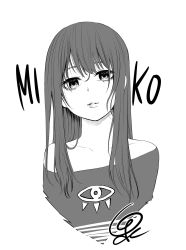 Rule 34 | 1girl, bare shoulders, character name, empty eyes, greyscale, highres, izumi (toubun kata), lips, long hair, looking at viewer, mieruko-chan, monochrome, off shoulder, parted lips, signature, simple background, solo, upper body, white background, yotsuya miko