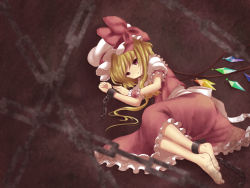 Rule 34 | 1girl, ascot, barefoot, blonde hair, chain, chained, chain, dirty, dirty feet, flandre scarlet, frilled hat, frilled skirt, frills, hakuto (28syuku), hat, lying, mob cap, on side, puffy short sleeves, puffy sleeves, red eyes, short hair, short sleeves, side ponytail, skirt, touhou, vest, wings