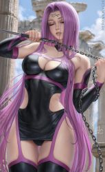 Rule 34 | 1girl, bare shoulders, black thighhighs, breasts, chain, cleavage, cleavage cutout, closed eyes, clothing cutout, commentary, dagger, english commentary, facial mark, fate/grand order, fate/stay night, fate (series), forehead mark, hip vent, holding, holding weapon, knife, large breasts, long hair, looking at viewer, medusa (fate), medusa (rider) (fate), nameless dagger (fate), purple hair, sciamano240, skindentation, tattoo, teeth, thigh gap, thighhighs, very long hair, weapon