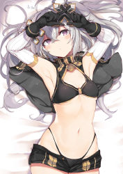 Rule 34 | 1girl, armpits, bad id, bad pixiv id, bed sheet, black gloves, black panties, black shorts, blush, breasts, closed mouth, commentary request, copyright request, crop top, crossed fingers, detached sleeves, gloves, hair between eyes, head tilt, highleg, highleg panties, long hair, long sleeves, lying, nanananana, navel, on back, panties, purple eyes, ribbed sleeves, short shorts, shorts, silver hair, small breasts, solo, stomach, unbuttoned, underwear, very long hair, virtual youtuber, white sleeves, x fingers