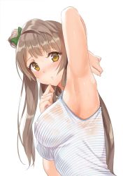 Rule 34 | 1girl, arm up, armpits, blush, breasts, brown eyes, brown hair, covered erect nipples, hair ribbon, kichiroku, long hair, love live!, love live! school idol project, minami kotori, parted lips, ribbon, showing armpits, side ponytail, simple background, solo, striped, sweat, vertical stripes, white background