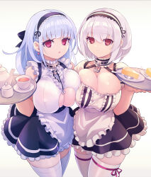 Rule 34 | 2girls, azur lane, blue hair, breast press, breasts, cheesecake, chingisu, cleavage, cleavage cutout, clothing cutout, covered erect nipples, cup, dido (azur lane), earrings, food, fork, holding, holding food, huge breasts, jewelry, large breasts, looking at viewer, maid, md5 mismatch, multiple girls, plate, red eyes, siblings, sirius (azur lane), sisters, smile, standing, tea, teacup, thighhighs, tray, underboob, underboob cutout, white hair