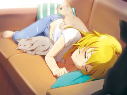 Rule 34 | 1girl, ahoge, blonde hair, cat, commentary request, couch, denim, hair between eyes, highres, hoshii miki, idolmaster, idolmaster (classic), idolmaster cinderella girls, jeans, long hair, lying, neji (nezi hs), on couch, on side, pants, shirt, sleeping, smile, solo, white shirt