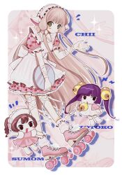 Rule 34 | 3girls, :d, apron, back bow, bell, blonde hair, blush stickers, bow, brown eyes, brown hair, character name, cherry print, chibi, chii, chobits, dot nose, dress, flying sweatdrops, food print, frilled apron, frills, hair bell, hair ornament, hair tubes, highres, holding, holding tray, kotoko (chobits), long hair, maid, maid apron, maid headdress, multiple girls, neck bell, open mouth, parted lips, pepeppepe101, pink dress, ponytail, purple hair, robot ears, roller skates, skates, smile, sumomo (chobits), tray, twintails, very long hair, white apron, white bow, zoom layer