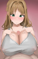 Rule 34 | 1girl, absurdres, apple (ygbhjdbiulsg), blush, breasts, brown hair, censored, cleavage, covered erect nipples, eyelashes, furrowed brow, green eyes, hair intakes, hands on own chest, hands up, hetero, highres, hino akane (idolmaster), huge breasts, idolmaster, idolmaster cinderella girls, long hair, looking down, mosaic censoring, no bra, paizuri, paizuri under clothes, parted bangs, parted lips, penis, red background, sidelocks, sweat, tank top, upper body, white tank top