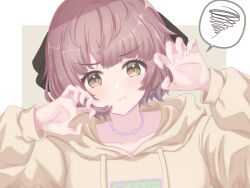 Rule 34 | :t, blush, brown hair, chain necklace, claw pose, collarbone, highres, hood, hoodie, idolmaster, idolmaster shiny colors, ikuta haruki, jewelry, keshi kado, long sleeves, looking at viewer, necklace, pout, short hair, simple background, spoken squiggle, squiggle, two-tone background, upper body, yellow hoodie