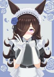 Rule 34 | 1girl, absurdres, alternate costume, apron, black dress, black hair, blue flower, blue rose, blush, closed mouth, collared dress, commentary, dress, enmaided, flower, frilled sleeves, frills, gloves, hair flower, hair ornament, hair over one eye, highres, long hair, looking at viewer, maid, maid headdress, puffy short sleeves, puffy sleeves, purple eyes, rice shower (umamusume), rose, short sleeves, smile, solo, umamusume, v, white apron, white gloves, yanagiba megiku