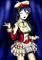 Rule 34 | 1girl, :o, artist name, artist request, black neckwear, blue eyes, blue hair, blush, collared shirt, earrings, feathers, female focus, flower, frilled shirt collar, frills, hair between eyes, hat, jewelry, long hair, looking at viewer, love live!, love live! school idol project, one eye closed, parted lips, red flower, shirt, sirjonesiii, skirt, smile, solo, sonoda umi, sore wa bokutachi no kiseki, white feathers, white skirt, yellow eyes