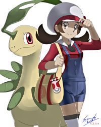 Rule 34 | 1girl, absurdres, bag, bayleef, blue overalls, bow, brown eyes, brown hair, cabbie hat, closed mouth, commentary request, creatures (company), dated, eyelashes, game freak, gen 2 pokemon, hand on headwear, handbag, hat, hat bow, highres, holding strap, long hair, lyra (pokemon), nintendo, overalls, pokegear, pokemon, pokemon (creature), pokemon hgss, red bow, red shirt, shiijisu, shirt, signature, smile, split mouth, thighhighs, twintails, white background, white headwear, white thighhighs, yellow bag