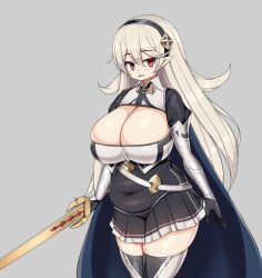 Rule 34 | 1girl, :d, alternate breast size, black dress, black gloves, black hairband, breasts, cleavage, commentary request, corrin (female) (fire emblem), corrin (fire emblem), covered navel, cowboy shot, dress, fire emblem, fire emblem fates, gloves, grey background, grey hair, hair ornament, hairband, highres, holding, holding sword, holding weapon, huge breasts, juliet sleeves, long hair, long sleeves, looking at viewer, nintendo, open mouth, plump, pointy ears, puffy sleeves, red eyes, sawati, short dress, simple background, skindentation, smile, solo, standing, sword, thighhighs, thighs, very long hair, weapon, yato (fire emblem)