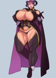 Rule 34 | 1girl, absurdres, ankle boots, arm up, boots, breasts, cleavage, cloak, covered erect nipples, curled horns, demon girl, demon horns, detached sleeves, elbow gloves, female focus, gloves, gradient hair, hair between eyes, hand on own hip, hidarikiki, high heel boots, high heels, highres, horns, huge breasts, legs, light purple hair, lipstick, looking at another, looking to the side, lowleg, lowleg panties, makeup, multicolored hair, no bra, original, panties, parted lips, pointy ears, puffy areolae, purple eyes, purple hair, revealing clothes, simple background, solo, strap, thick thighs, thighhighs, thighs, thong, toned, underboob, underwear, vest, wide hips, wrist cuffs