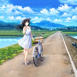 Rule 34 | 1girl, bicycle, bicycle basket, black hair, blue eyes, blue sky, breasts, building, cloud, cloudy sky, collarbone, commentary request, crossed legs, day, dress, floating hair, frilled dress, frills, full body, grass, hand up, highres, kazuharu kina, long hair, looking at viewer, original, outdoors, pleated dress, rice paddy, road, sandals, scenery, shadow, signature, sky, sleeveless, sleeveless dress, small breasts, solo, standing, strappy heels, sundress, toes, white dress, white footwear, white headwear