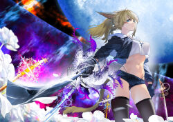 Rule 34 | 1girl, animal ears, warrior of light (ff14), black jacket, black thighhighs, blonde hair, blue eyes, breasts, cat ears, cat girl, cat tail, closed mouth, commentary, covered erect nipples, cowboy shot, crop top, crop top overhang, cropped jacket, denim, denim shorts, english commentary, facial mark, final fantasy, final fantasy xiv, groin, hair between eyes, highleg, highleg panties, highres, holding, holding sword, holding weapon, jacket, long hair, looking at viewer, medium breasts, midriff, miqo&#039;te, navel, open clothes, open jacket, panties, planted, planted sword, planted weapon, ponytail, rff (3 percent), samurai (final fantasy), shirt, short shorts, shorts, sidelocks, skindentation, slit pupils, solo, standing, sword, tail, thighhighs, underwear, weapon, whisker markings, white shirt