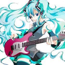 Rule 34 | 1girl, aqua hair, bad id, bad pixiv id, blue eyes, detached sleeves, electric guitar, female focus, fender stratocaster, guitar, hatsune miku, headphones, headset, instrument, long hair, maclo, makuro (pixiv966000), necktie, simple background, skirt, smile, solo, thighhighs, twintails, very long hair, vocaloid, white background, zettai ryouiki