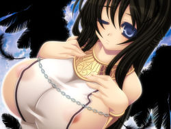 Rule 34 | 1girl, angel, angel wings, areola slip, bare shoulders, black hair, black wings, blue eyes, breast suppress, breasts, collar, dress, hakoiri nyanko, half updo, huge breasts, impossible clothes, impossible dress, jewelry, long hair, mabinogi, morrighan, naked tabard, nipple slip, nipples, one eye closed, see-through, shirt, sideboob, smile, solo, tabard, taut clothes, taut shirt, transparent, wings, wink