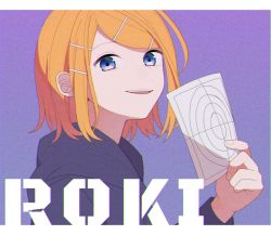 Rule 34 | 1girl, blonde hair, commentary, hair ornament, hairclip, haru no no, highres, holding, holding paper, hood, hoodie, kagamine rin, looking at viewer, open mouth, paper, portrait, purple background, purple eyes, purple hoodie, roki (vocaloid), short hair, smile, solo, swept bangs, target, vocaloid