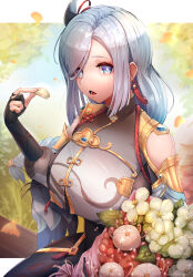 Rule 34 | 1girl, absurdres, black gloves, black pants, blue eyes, bouquet, breasts, clothing cutout, commentary request, flower, genshin impact, gloves, grey shirt, hair ornament, hand up, highres, holding, holding petal, large breasts, long hair, looking at viewer, open mouth, pants, partial commentary, pemojoke, petals, shenhe (genshin impact), shirt, shoulder cutout, solo, very long hair, white flower, white hair