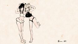 Rule 34 | 2girls, absurdres, artist name, barefoot, bikini, black bikini, black hair, blonde hair, bob cut, breasts, closed mouth, commentary, frilled bikini, frills, full body, hair ornament, hair scrunchie, hand up, hands up, highres, inoue takina, large breasts, long hair, looking at viewer, lycoris recoil, multiple girls, navel, nishikigi chisato, one side up, open mouth, ponytail, purple eyes, red eyes, rnna, scrunchie, short hair, sidelocks, small breasts, stomach, swimsuit, symbol-only commentary, white bikini, white scrunchie, yuri