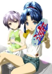 2girls 76_(brand) asakura_ryoko bad_id bad_pixiv_id blue_eyes blue_hair bottle casual hand_fan gi_cobalt grey_hair long_hair multiple_girls nagato_yuki paper_fan short_hair suzumiya_haruhi_no_yuuutsu uchiwa yellow_eyes