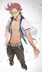 Rule 34 | 10s, 1boy, copyright name, ekao, glasses, hand on own hip, kiznaiver, looking at viewer, male focus, necktie, open clothes, open shirt, red hair, scar, school uniform, shirt, solo, tenga hajime, unbuttoned