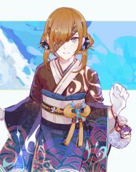 Rule 34 | 1girl, abstract background, bag charm, blue eyes, brown hair, charm (object), csyday, eyepatch, fate/grand order, fate (series), hair over one eye, highres, japanese clothes, kimono, obi, ophelia phamrsolone, sash, solo, white background, wide sleeves, yukata