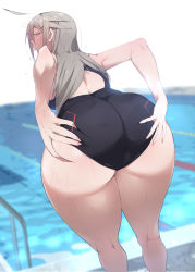 Rule 34 | 1girl, absurdres, agovitch, ahoge, ass, ass focus, ass grab, back, bad id, bad twitter id, bent over, black one-piece swimsuit, blue eyes, blurry, blush, competition swimsuit, deep skin, depth of field, female focus, fingernails, foreshortening, from behind, grabbing own ass, grey hair, hair between eyes, half-closed eyes, hand on ass, highres, huge ass, kneepits, long fingernails, long hair, looking at viewer, looking back, one-piece swimsuit, original, parted bangs, pool, profile, railing, scowl, solo, standing, swimsuit, thick thighs, thighs, v-shaped eyebrows, water, wet, wide hips