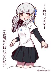 Rule 34 | 1girl, absurdres, black skirt, blue bow, blush, bow, breasts, brown eyes, commentary request, cropped legs, fate/grand order, fate (series), grey hair, hair bow, highres, layered sleeves, long hair, long sleeves, looking at viewer, open mouth, penthesilea (fate), pleated skirt, shirt, short over long sleeves, short sleeves, simple background, skirt, small breasts, solo, translation request, twitter username, v-shaped eyebrows, white background, white shirt, yuya090602