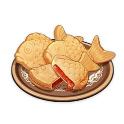 Rule 34 | artist request, biscuit (bread), commentary, english commentary, food, food art, food focus, game cg, genshin impact, lowres, no humans, official art, plate, simple background, still life, taiyaki, third-party source, transparent background, wagashi