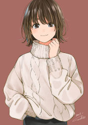 Rule 34 | 1girl, aran sweater, black pants, brown background, brown eyes, brown hair, cable knit, closed mouth, commentary request, dated, hand in pocket, hand up, highres, knit (pop&#039;n music), long sleeves, looking at viewer, pants, pop&#039;n music, sako (35s 00), short hair, signature, simple background, smile, solo, sweater, turtleneck, turtleneck sweater, upper body, white sweater