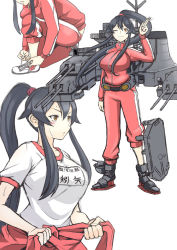 Rule 34 | 10s, 1girl, ;), akaneyu akiiro, alternate costume, black hair, breasts, brown eyes, clothes around waist, gym uniform, jacket, jacket around waist, kantai collection, large breasts, long hair, looking at viewer, machinery, no socks, one eye closed, pants, ponytail, shoes, simple background, sketch, smile, sneakers, solo, sweat, track jacket, track pants, track suit, translation request, turret, very long hair, white background, yahagi (kancolle)