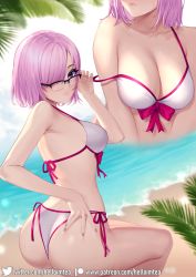 Rule 34 | 1girl, armpits, ass, back, bare shoulders, bikini, blush, breasts, cleavage, collarbone, fate/grand order, fate (series), glasses, hair over one eye, helloimtea, highres, large breasts, light purple hair, looking at viewer, looking back, mash kyrielight, mash kyrielight (swimsuit of perpetual summer), official alternate costume, purple eyes, short hair, swimsuit, thighs, white bikini