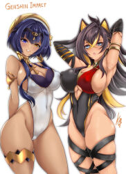Rule 34 | 2girls, alternate costume, ankh, armlet, armpits, arms behind back, arms behind head, black gloves, black hair, black hairband, black one-piece swimsuit, black ribbon, blonde hair, blue eyes, blue hair, breasts, candace (genshin impact), circlet, cleavage cutout, clothing cutout, commentary request, competition swimsuit, copyright name, covered erect nipples, covered navel, dark-skinned female, dark skin, dehya (genshin impact), diamond-shaped pupils, diamond (shape), elbow gloves, genshin impact, gloves, hair between eyes, hair ears, hairband, heterochromia, highleg, highleg swimsuit, highres, kuga zankurou, large breasts, leg ribbon, long hair, looking at viewer, multicolored hair, multiple girls, one-piece swimsuit, open mouth, parted lips, red one-piece swimsuit, ribbon, short hair with long locks, sideboob, signature, skindentation, smile, streaked hair, swimsuit, symbol-shaped pupils, thighs, white background, yellow eyes