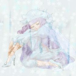 Rule 34 | 1girl, alternate footwear, apron, bad id, bad pixiv id, bloomers, cape, dress, from side, half-closed eyes, hat, high heels, leg up, letty whiterock, long sleeves, nazo (mystery), pale color, puffy long sleeves, puffy sleeves, purple dress, purple hair, see-through, short hair, solo, touhou, underwear, waist apron, white hat, white theme