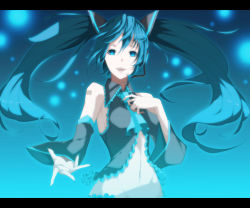 Rule 34 | 1girl, aqua eyes, aqua hair, bad id, bad pixiv id, barcode, detached sleeves, duplicate, artistic error, extra digits, female focus, fingernails, flapper shirt, gradient background, hatsune miku, headset, letterboxed, long fingernails, long hair, midriff, nail, navel, necktie, no panties, open mouth, shirt, smile, solo, thighhighs, twintails, vest, viola (seed), vocaloid