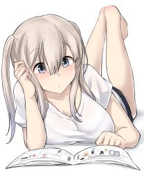 Rule 34 | 1girl, absurdres, barefoot, blonde hair, breasts, graf zeppelin (kancolle), hair between eyes, highres, kantai collection, kiritto, large breasts, leg up, lying, on stomach, reading, sidelocks, twintails