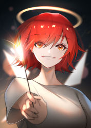 Rule 34 | 1girl, :d, arknights, blurry, blurry foreground, exusiai (arknights), fireworks, grin, halo, highres, holding, holding fireworks, looking at viewer, oldercat, open mouth, red hair, shirt, short sleeves, smile, teeth, upper body, white shirt, wings, yellow eyes