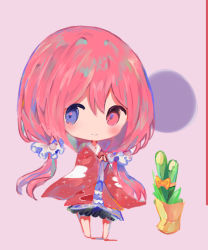 Rule 34 | 1girl, bad id, bad pixiv id, barefoot, blush, chibi, closed mouth, commentary request, cottontailtokki, full body, hair between eyes, hair ornament, hair scrunchie, japanese clothes, kimono, long hair, long sleeves, looking at viewer, low twintails, original, own hands together, pink background, purple eyes, red eyes, red hair, red kimono, scrunchie, smile, solo, standing, twintails, very long hair, white scrunchie, wide sleeves