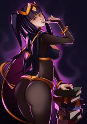 Rule 34 | 1girl, ass, black hair, bracelet, breasts, bridal gauntlets, finger to mouth, fire emblem, fire emblem awakening, gradient background, highres, jewelry, lips, long hair, looking at viewer, looking back, nail polish, nintendo, red eyes, solo, splashbrush, tharja (fire emblem)