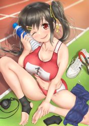 Rule 34 | 1girl, barefoot, bottle, breasts, brown hair, cleavage, hair ornament, hairpin, heart, heart hair ornament, kawosu shikou, large breasts, long hair, looking at viewer, moe2017, navel, original, red eyes, smile, soles, solo, sports bikini, sports bra, sweat, tan, timer, track suit, track uniform, twintails, water bottle
